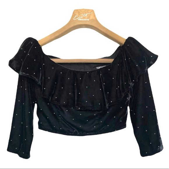 SZ 4•TOPSHOP•BLACK VELVET W GOLD FLECKS - LAYERED / FRILLY / SEXY CROP TOP• - Picture 1 of 4